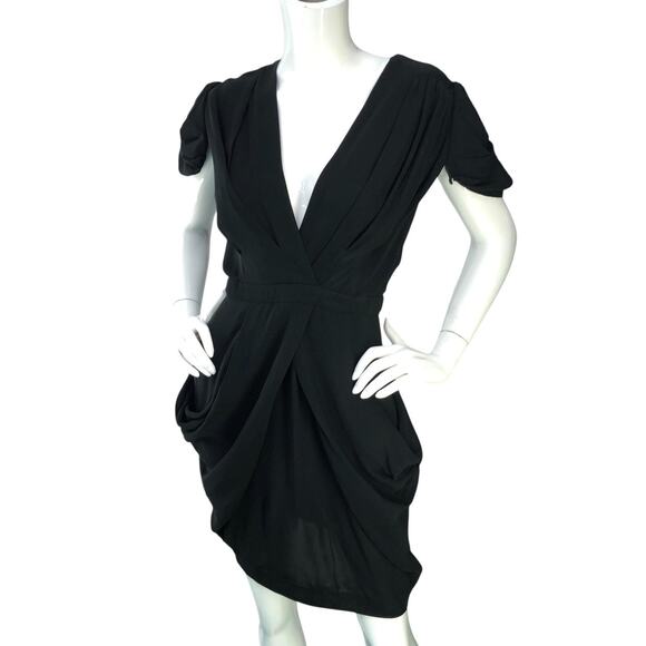 Prada Dress Womens 40 Black Short Sleeve Drape Ruched Deep V Made Italy Viscose - Picture 1 of 16